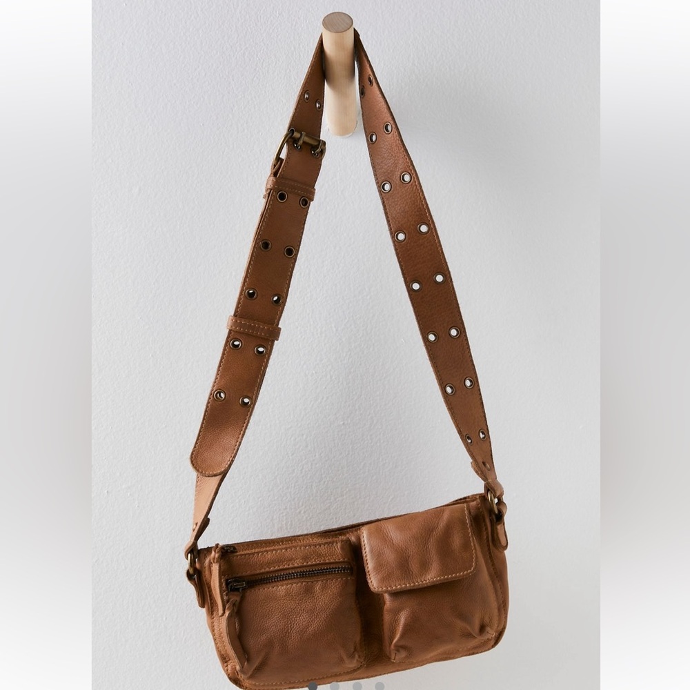 Free People Tan Leather Studded-Strap Crossbody Bag